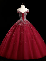 Burgundy Off Shoulder Tulle Sequin Long Prom Dress, Burgundy Sweet 16 Dress