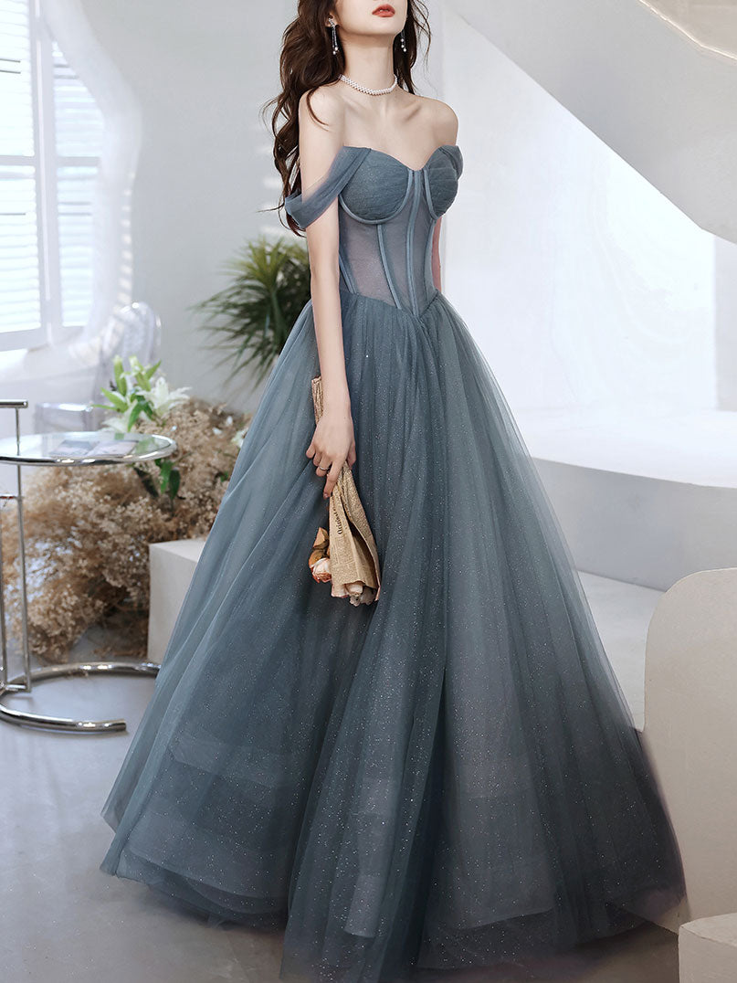 A-line Sweetheart Neck Gray Blue Tulle Long Prom Dress Blue Evening Dr – shopluu