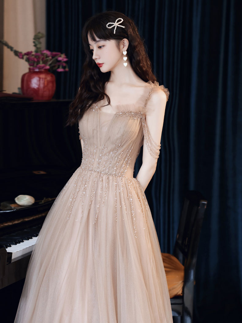 Champagne A line Tulle Beads Long Prom Dress, Champagne Evening Dresses