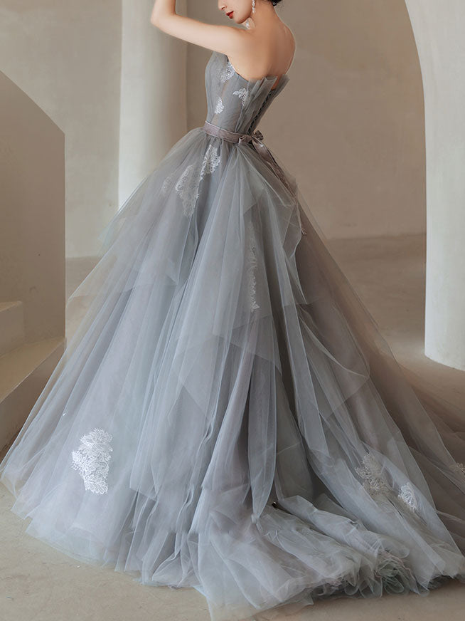 Gray Tulle Lace Long Prom Dress, Tulle Lace Evening Dress