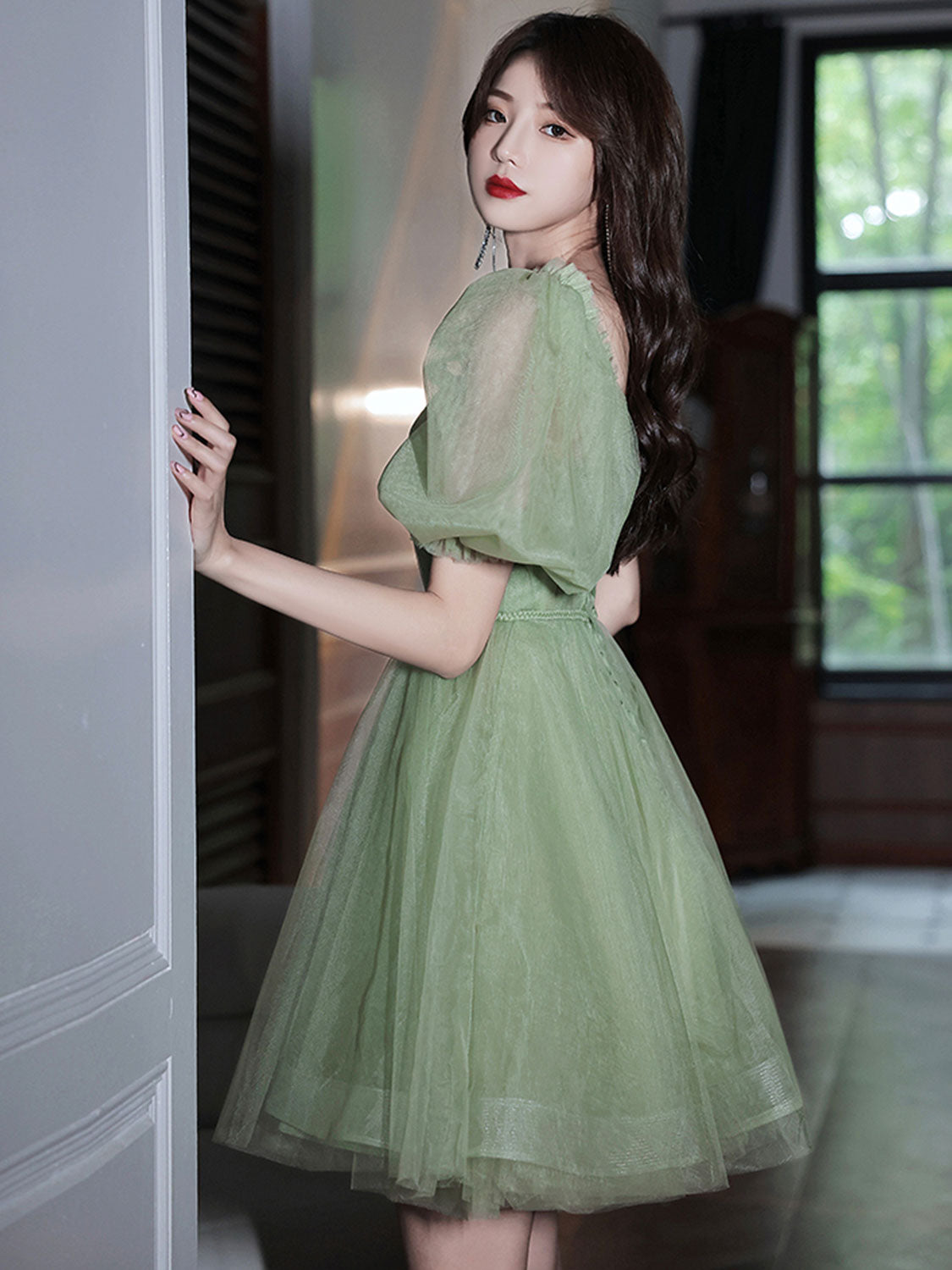 tulle short dress Green Tulle Short Prom Dress, Green A-Line Short Sleeve Party Dress US 6 / Green