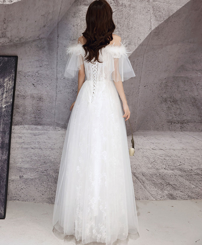 White Sweetheart Tulle Long Prom Dress, White Lace Long Graduation Dress