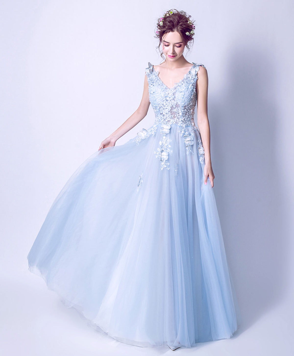 Blue V Neck Lace Tulle Long Prom Dress, Lace Evening Dress