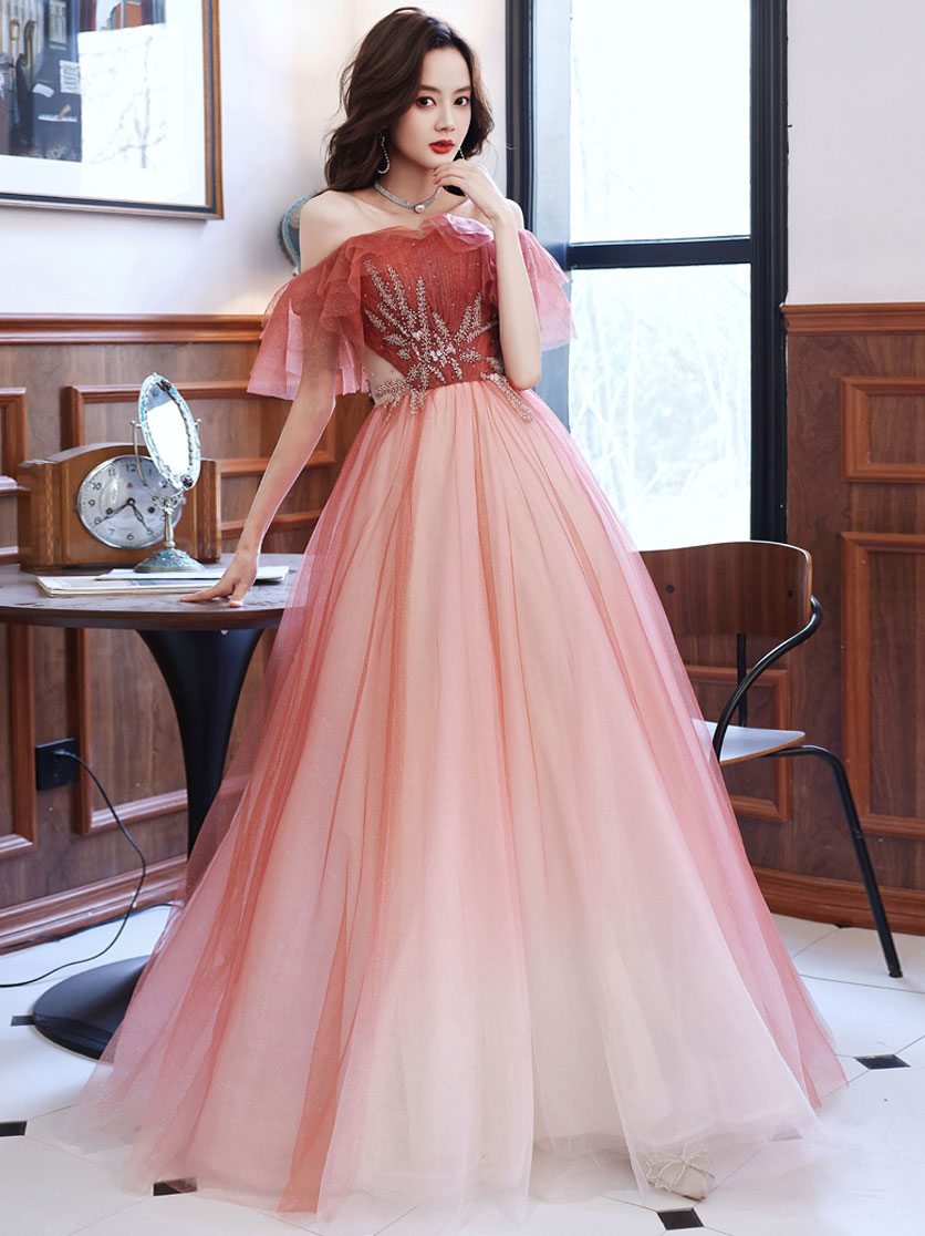 Burgundy A line Tulle Beads Long Prom Dress, Burgundy Formal Evening Dresses