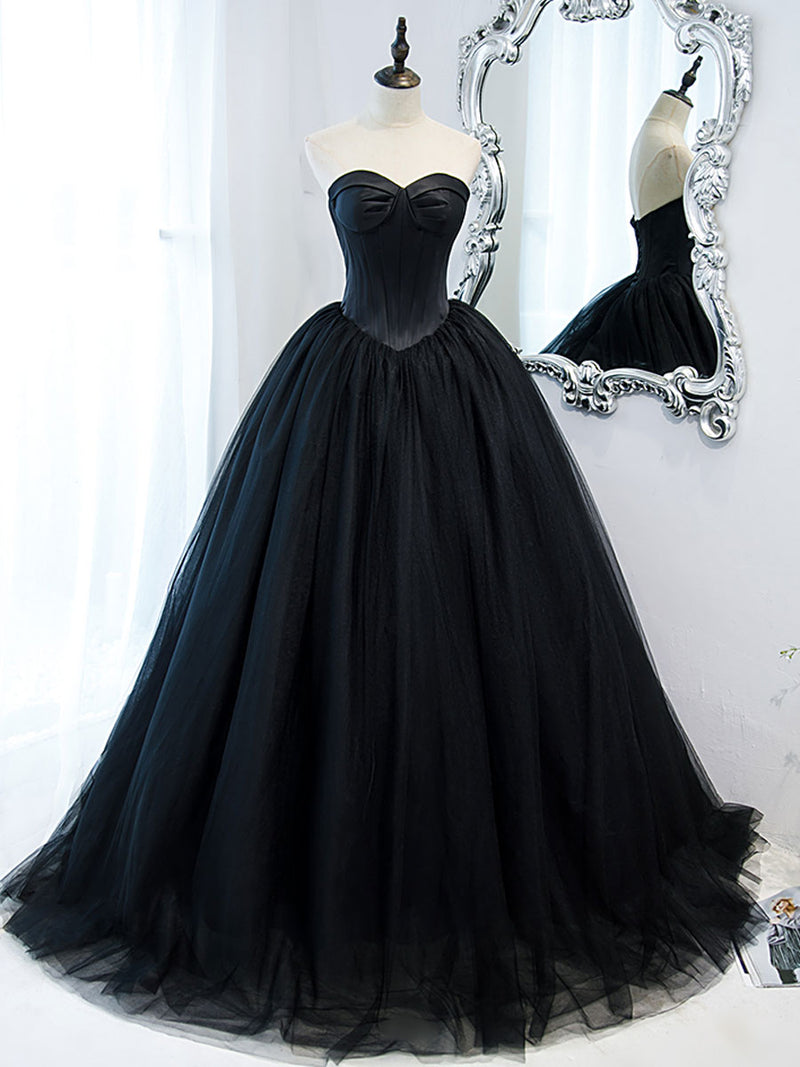 Simple Black Sweetheart Neck Tulle Long Prom Dress, Black Evening Dres ...