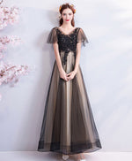 Black V Neck Lace Tulle Long Prom Dress, Black Evening Dress