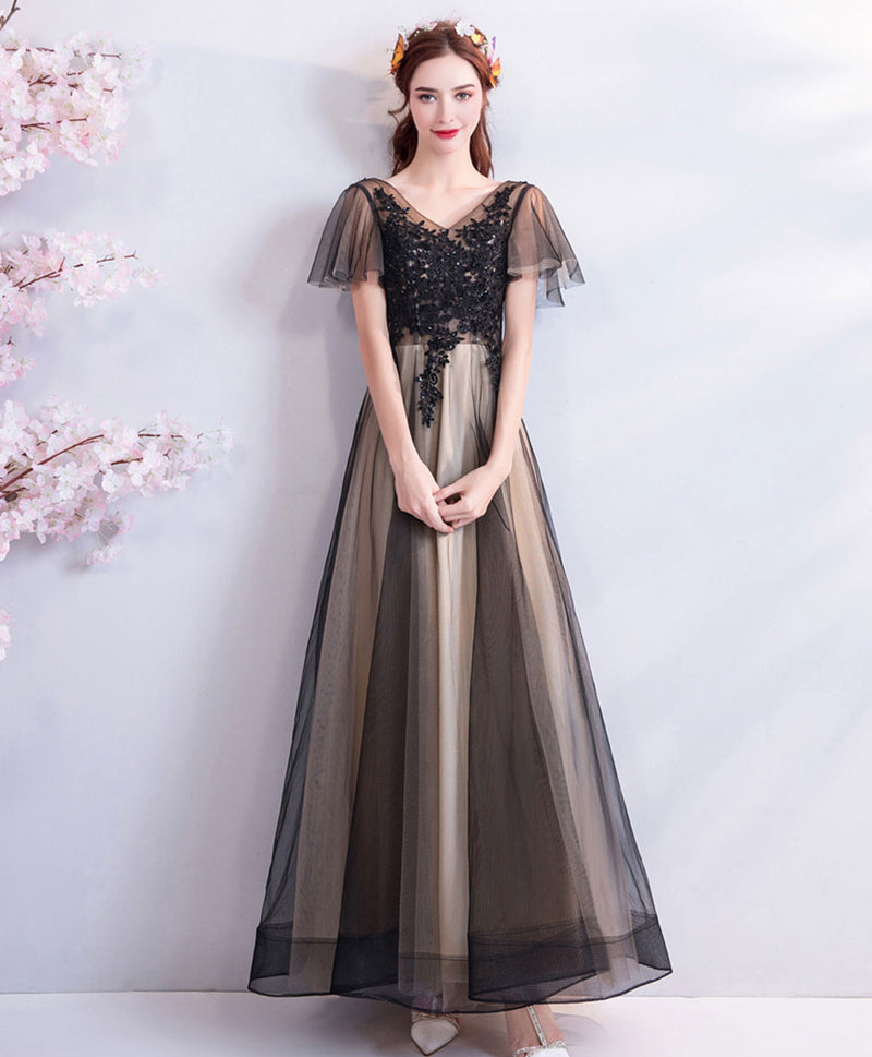 Black V Neck Lace Tulle Long Prom Dress, Black Evening Dress