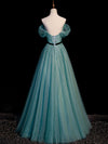 Green A line Tulle Sequin Long Prom Dress, Green Tulle Graduation Dress