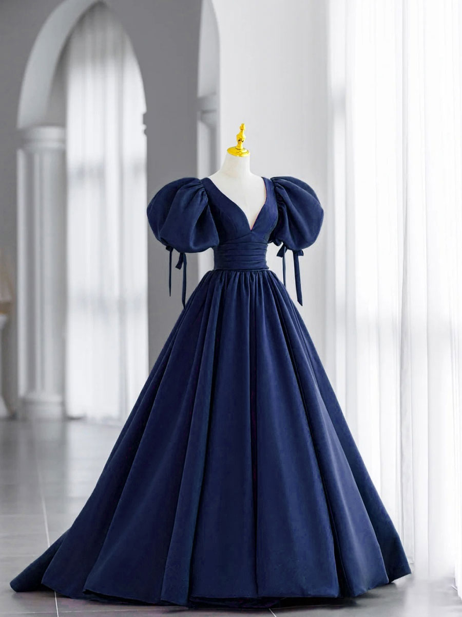 Simple V Neck Puffy Sleeves Satin Long Prom Dress, Satin Evening Dress US 2 / Custom Color Simple V Neck Puffy Sleeves Satin Long Prom Dress, Satin Evening Dress US 2 / Custom Color
