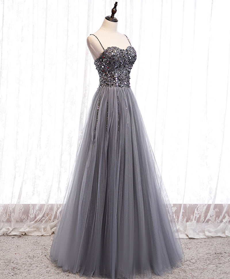 Gray Tulle Sequin Long Prom Dress, Gray Tulle Formal Dress with Beading Sequin