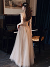 Champagne A line Tulle Beads Long Prom Dress, Champagne Evening Dresses