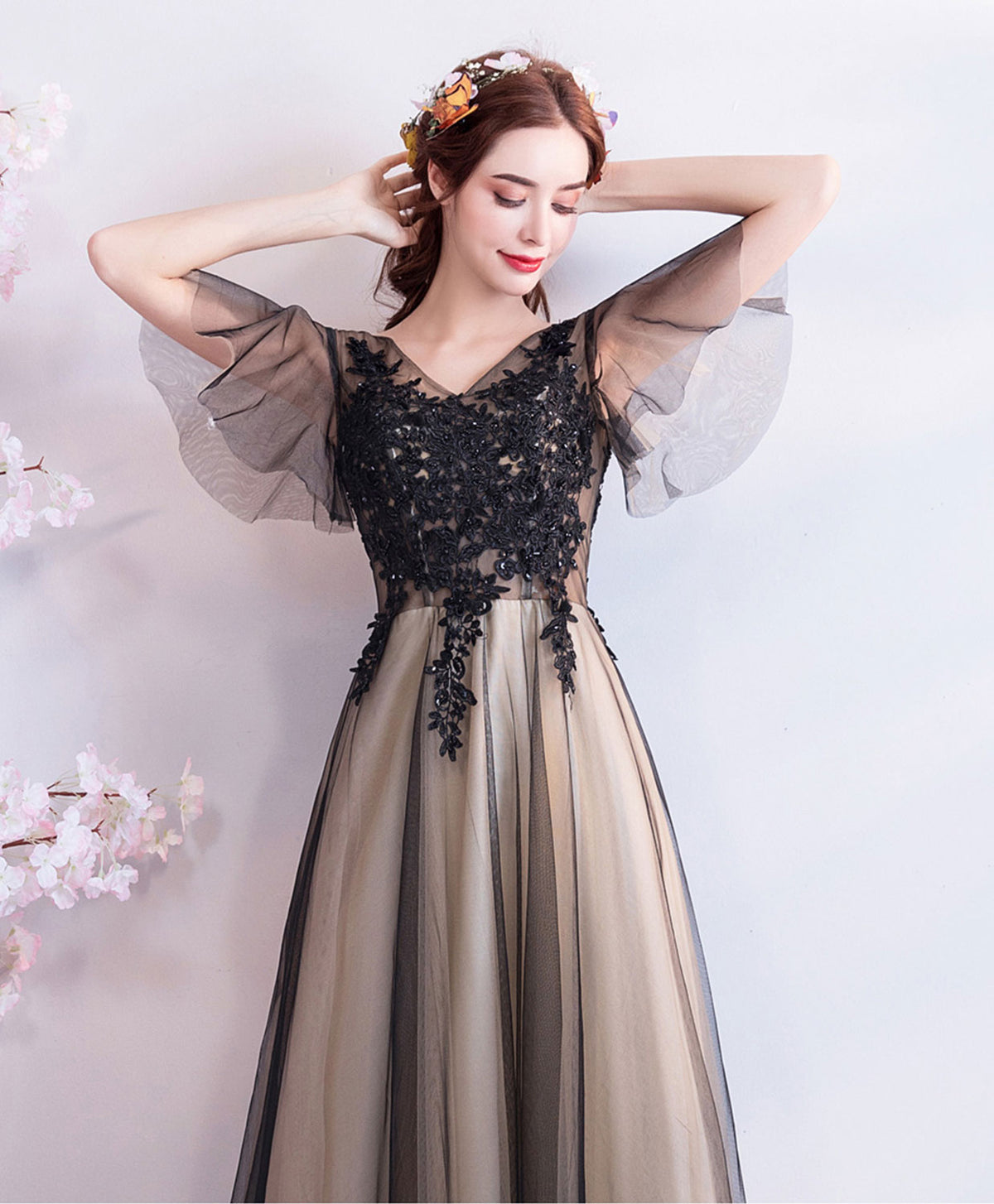Black V Neck Lace Tulle Long Prom Dress, Black Evening Dress