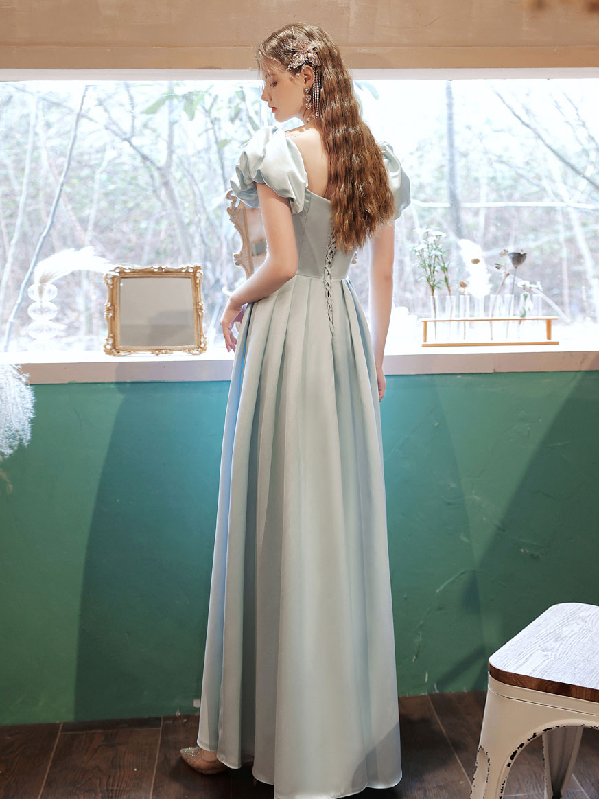 Light Blue Satin Lace Long Prom Dress Blue Lace Formal Dress