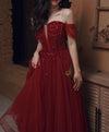 Burgundy Sweetheart Tulle Sequin Long Prom Dress Burgundy Formal Dress