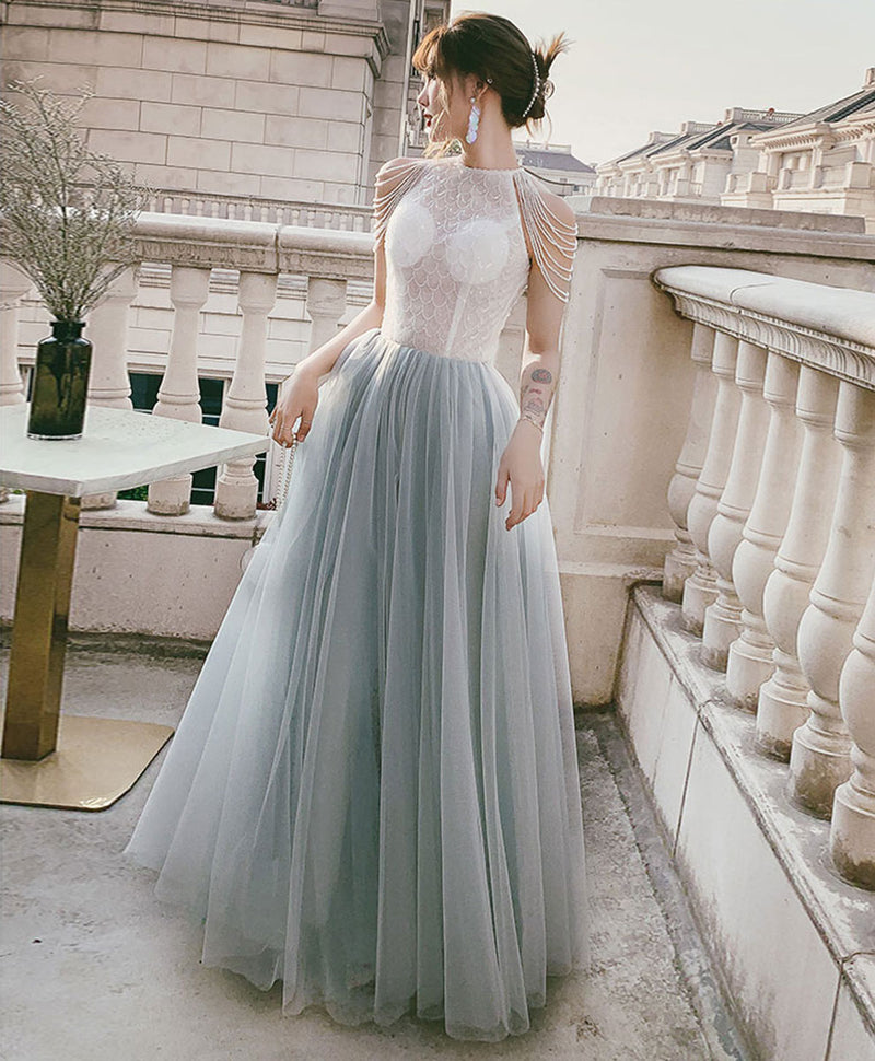 Gray Tulle Sequin Long Prom Dress, Tulle Formal Graduation Dress with Beading