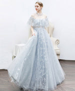 Aline Gray Tulle Lace Long Prom Dress, Gray Tulle Lace Evening Dress