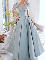 Blue V Neck Satin Long Prom Dress, Blue Satin Evening Dresses
