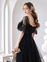 Black A line Tulle Long Prom Dress Black Tulle Formal Evening Dresses