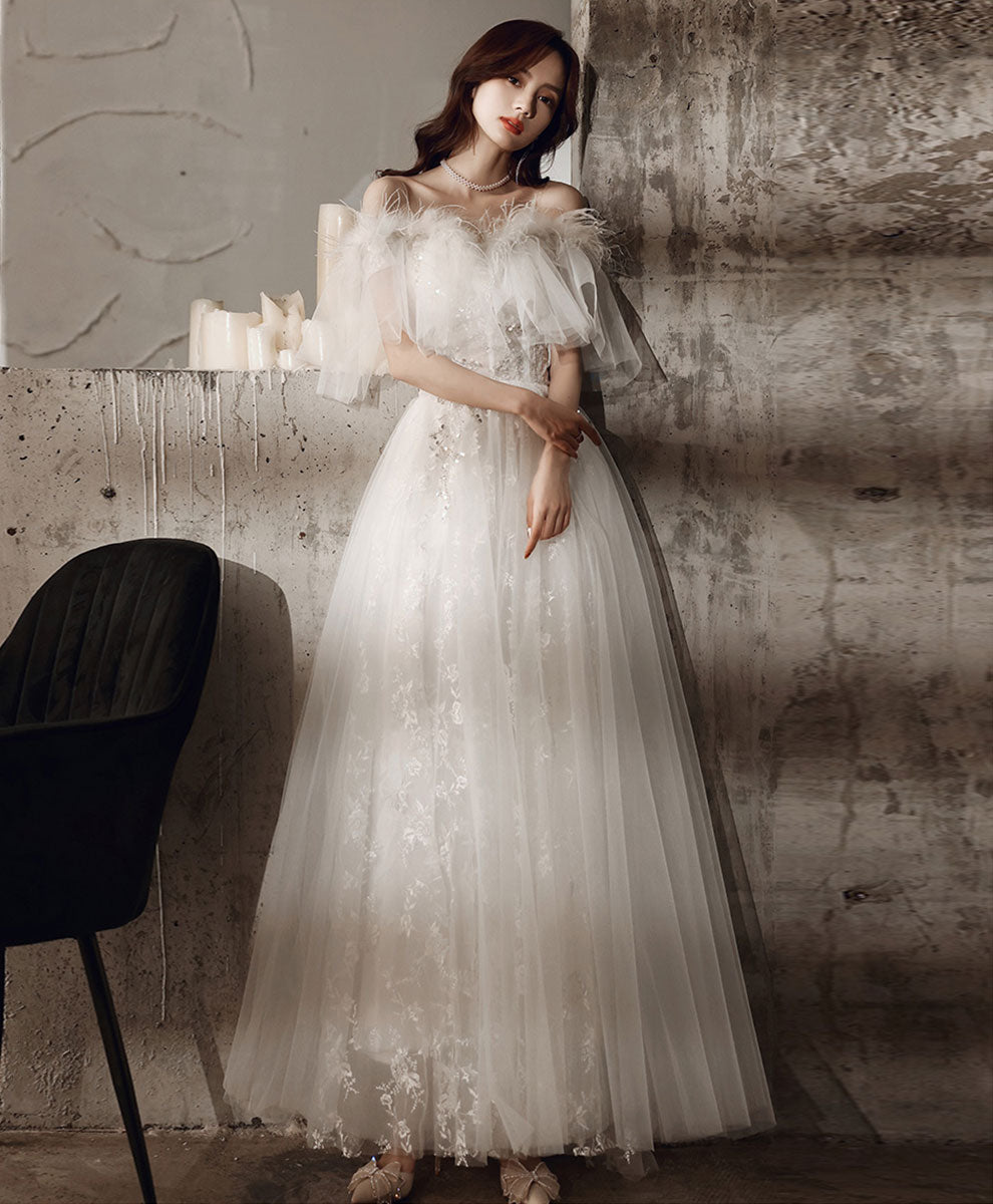 White Sweetheart Tulle Long Prom Dress, White Lace Long Graduation Dress