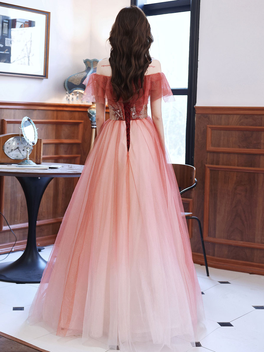 Burgundy A line Tulle Beads Long Prom Dress, Burgundy Formal Evening Dresses