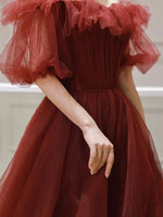 Burgundy Off Shoulder Tulle Long Prom Dress, Burgundy Evening Dress