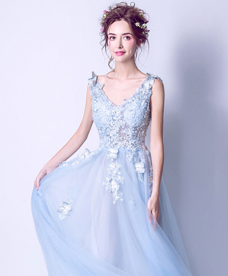 Blue V Neck Lace Tulle Long Prom Dress, Lace Evening Dress