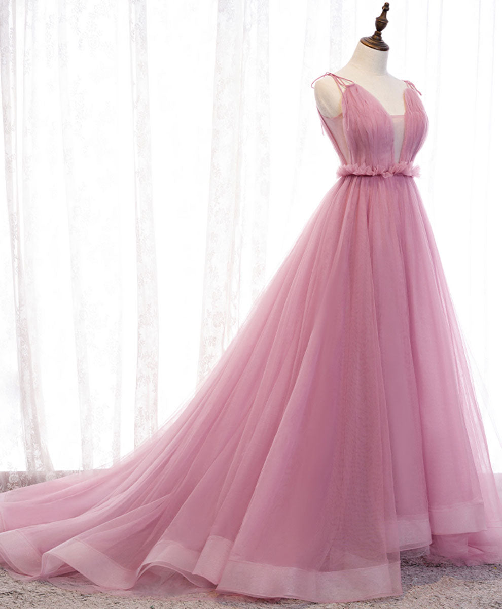 pink tulle long prom dress