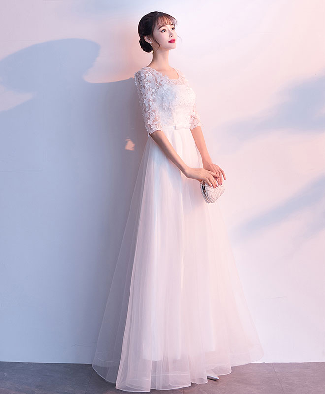 White Tulle Lace Long Prom Dress, White Tulle Lace Evening Dress