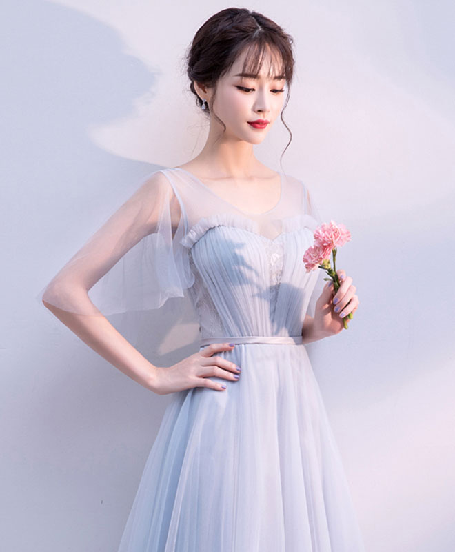 Gray V Neck Tulle Long Prom Dress, Gray Tulle Evening Dress – shopluu
