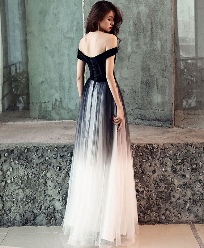 Simple Tulle Off Shoulder Black Long Prom Dress, Black Tulle Evening D – shopluu