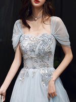 Blue Tulle Off Shoulder Tulle Lace Long Prom Dress, Blue Formal Dress