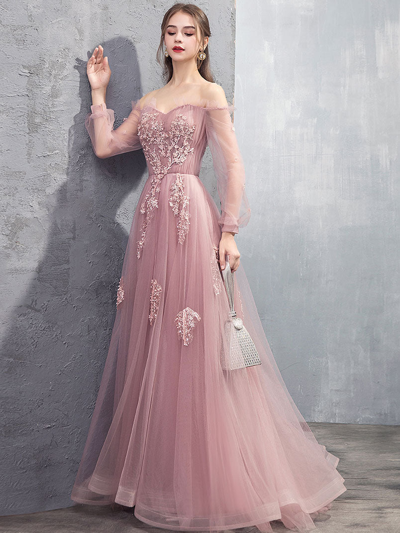 Pink A-line Tulle Lace Long Prom Dress Pink Lace Evening Dress