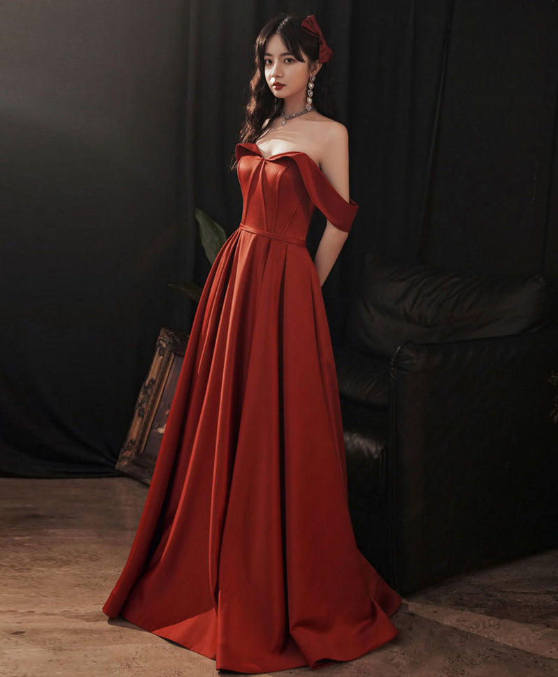 Simple Red Satin Long Prom Dress, Burgundy Formal Graduation Dresses