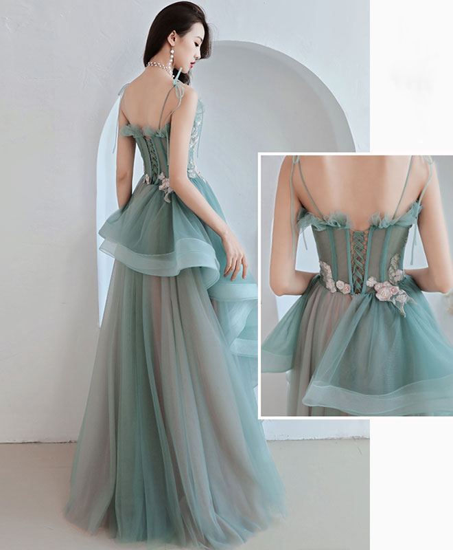Green Tulle Lace Long Prom Dress, Green Tulle Lace Evening Dress