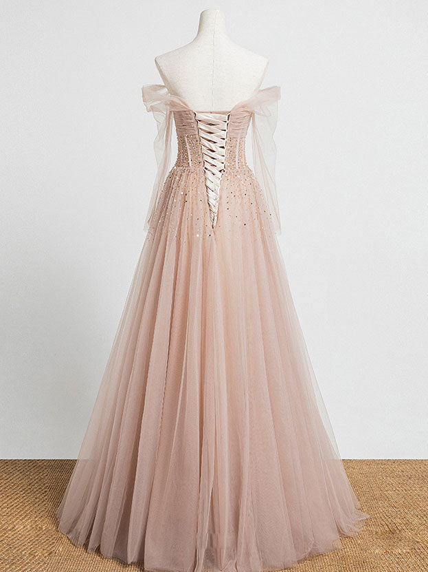 Champagne Pink Tulle Beads Long Prom Dress Champagne Evening Dress