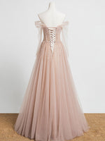 Champagne Pink Tulle Beads Long Prom Dress Champagne Evening Dress