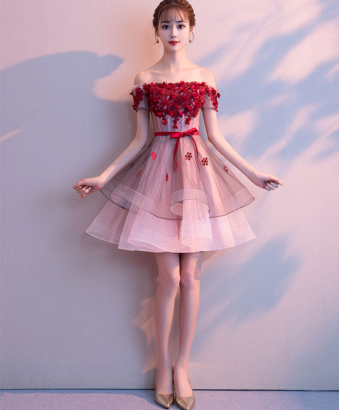 Pink Tulle Lace Short Prom Dress, Pink Tulle Homecoming Dress