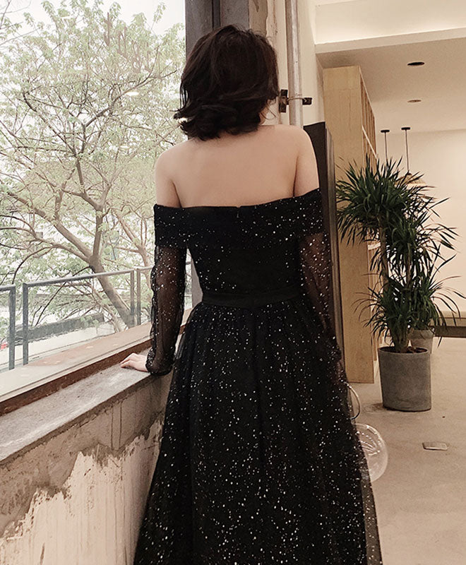 Black Tulle Long Prom Dress, Shiny Black Tulle Evening Dress