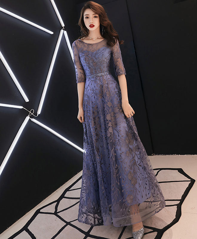 Blue Round Neck Tulle Lace Long Prom Dress, Lace Evening Dress