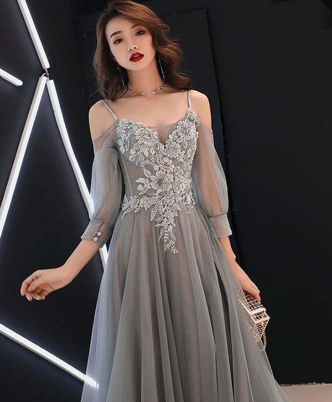 Gray Sweetheart A-Line Tulle Lace Long Prom Dress, Gray Evening Dress
