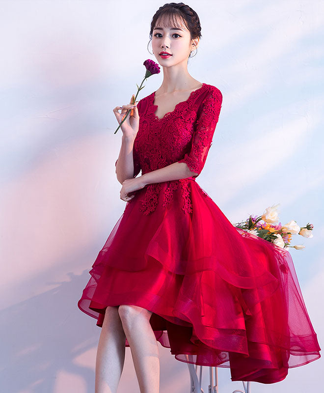 Burgundy V Neck Tulle Lace Short Prom Dress, Bridesmaid Dress – shopluu