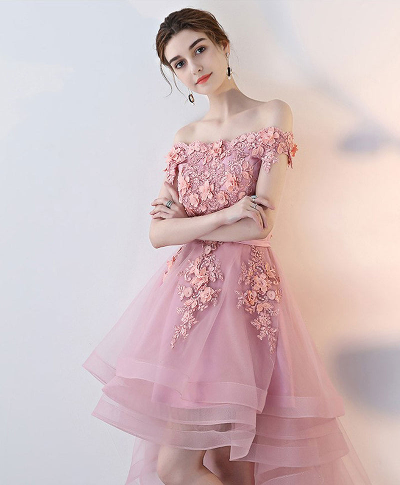 Pink Lace High Low Prom Dress, Pink Homecoming Dress – shopluu