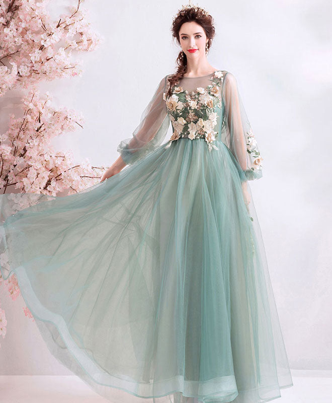Green Round Neck Tulle Lace Long Prom Dress, Green Bridesmaid Dress
