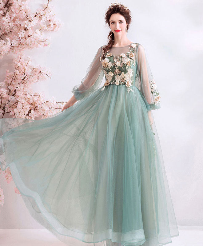 Green Round Neck Tulle Lace Long Prom Dress, Green Bridesmaid Dress US 2 / Green Green Round Neck Tulle Lace Long Prom Dress, Green Bridesmaid Dress US 2 / Green