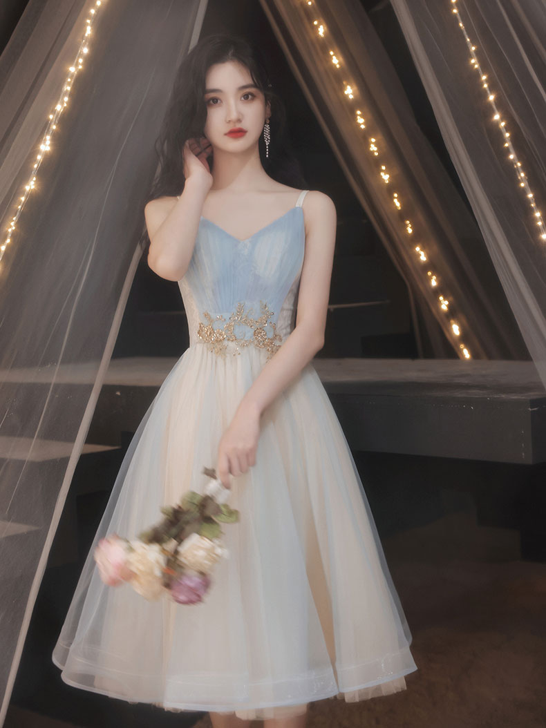 Blue A-line Tulle Lace Short Prom Dress, Blue Homecoming Dress
