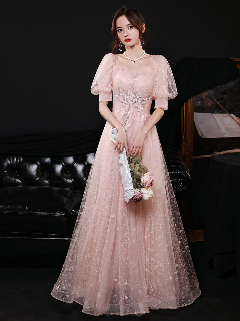 Pink Tulle Long Prom Dress, Pink Tulle Evening Dress