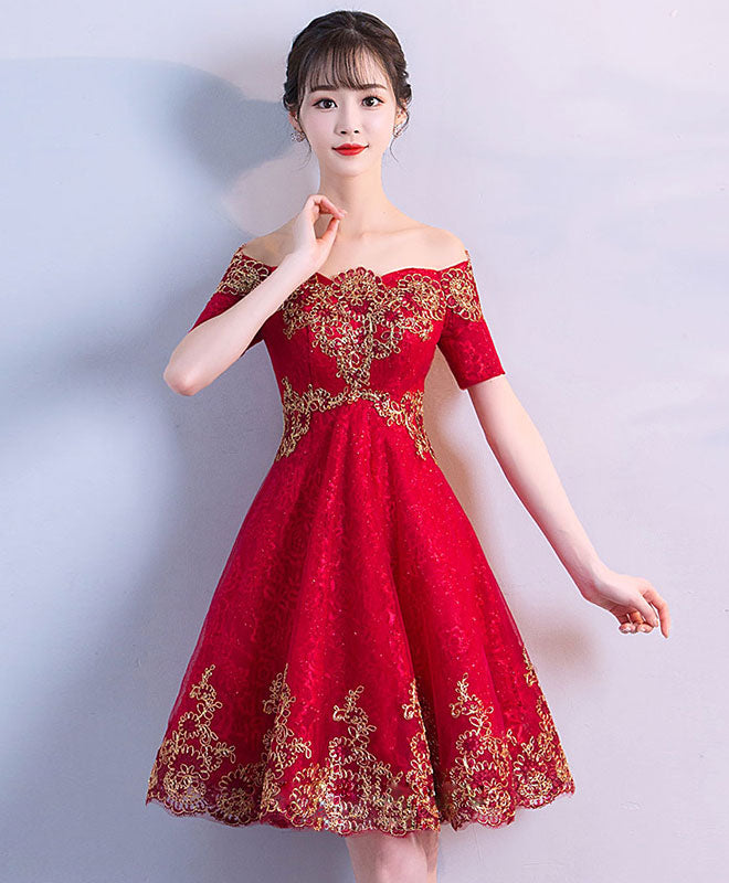 Burgundy Off Shoulder Tulle Lace Short Prom Dress, Burgundy Evening Dress