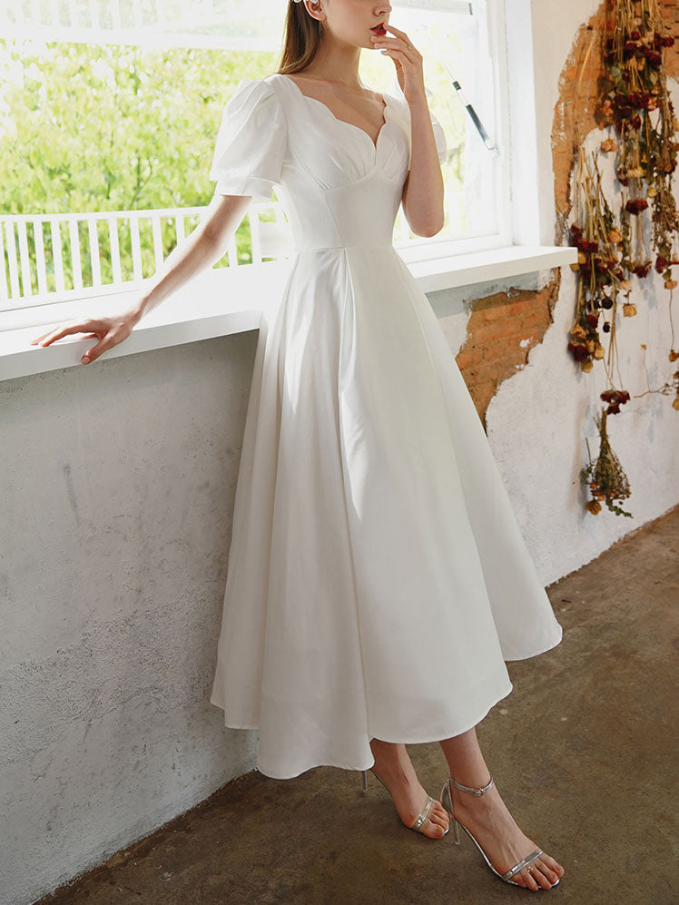 White V Neck Short Prom Dress, White Bridesmaid Dress