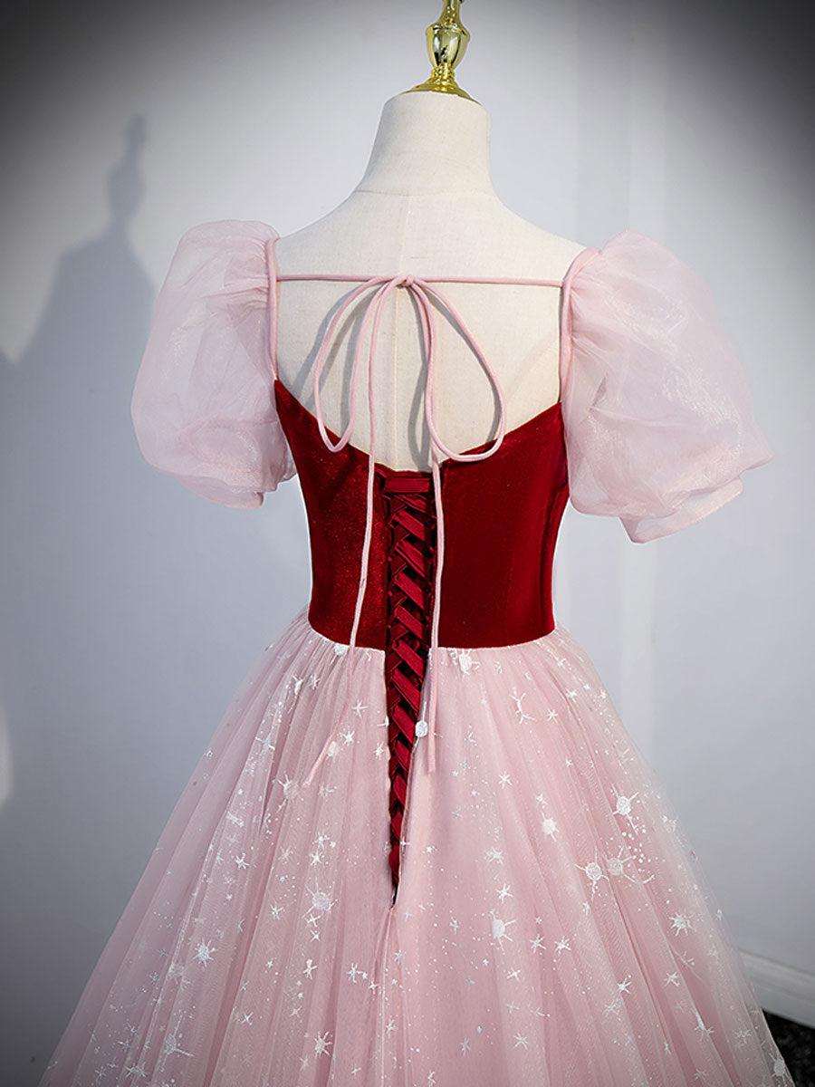 Pink A line Tulle Long Prom Dress, Pink Tulle Evening Graduation Dresses