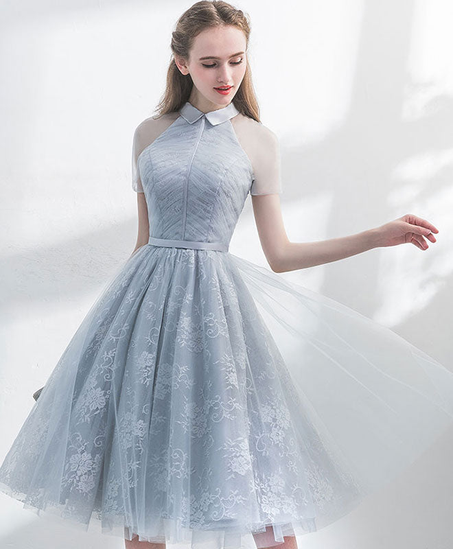 A-Line Gray Tulle Lace Short Prom Dress, Gray Homecoming Dress